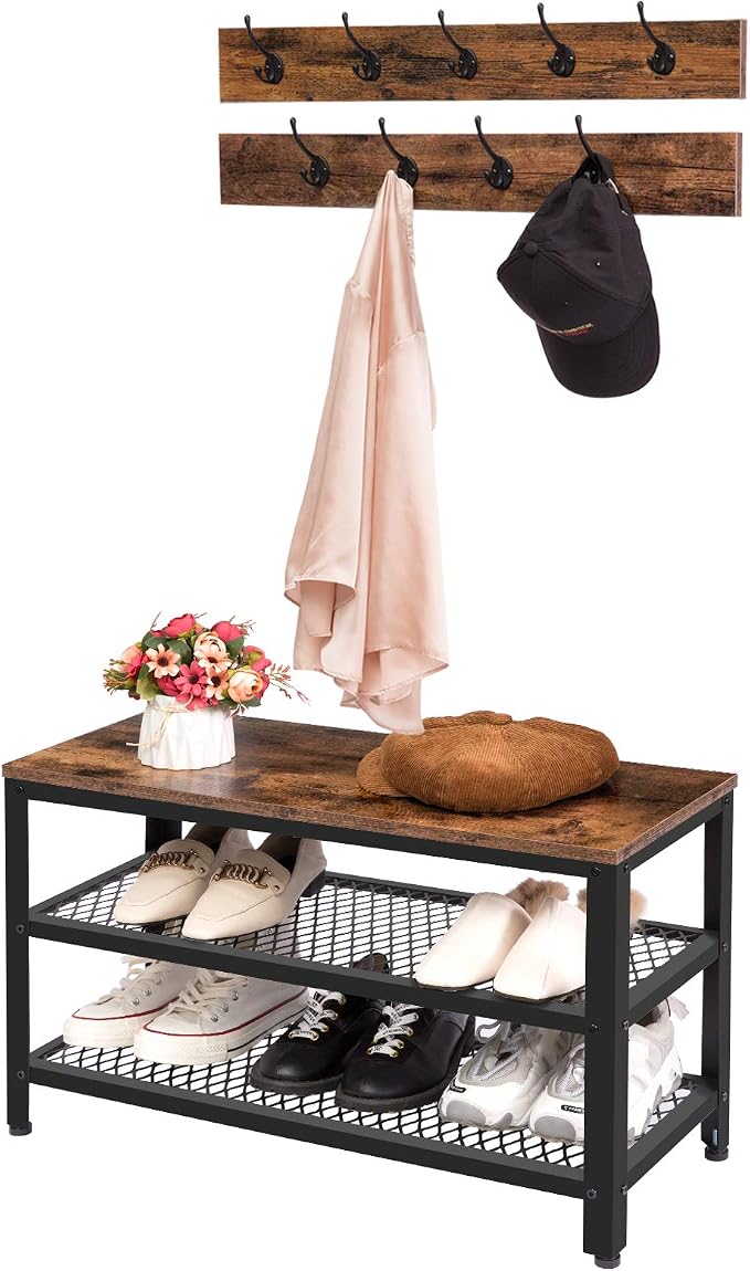 HOOBRO Hall Tree Entryway Storage Bench, Coat Rack Shoe Bench, Shoe Rack Organizer with Coat Hooks, 3-in-1 Design, Wooden Furniture with Metal Frame, Rustic Brown and Black BF17MT01 - Image 7