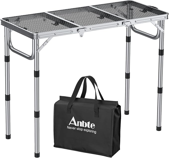 Anbte 3ft Folding Grill Table with Storage Bag, 3 Adjustable Height 27.5" Aluminum Portable Grill Table, Heat Resistant, Lightweight, Portable Handle for BBQ Cooking Camping Travel, 35" X 16", Silver by Anbte