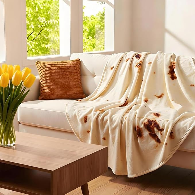 LetsFunny Burrito Tortilla Throw Blanket, Funny Realistic Food Blankets for Teen Girl Gifts, 2.0 Double Sided Burritos Taco Tortilla Wrap Blankets, Soft Comfortable Flannel Round Throw Blanket