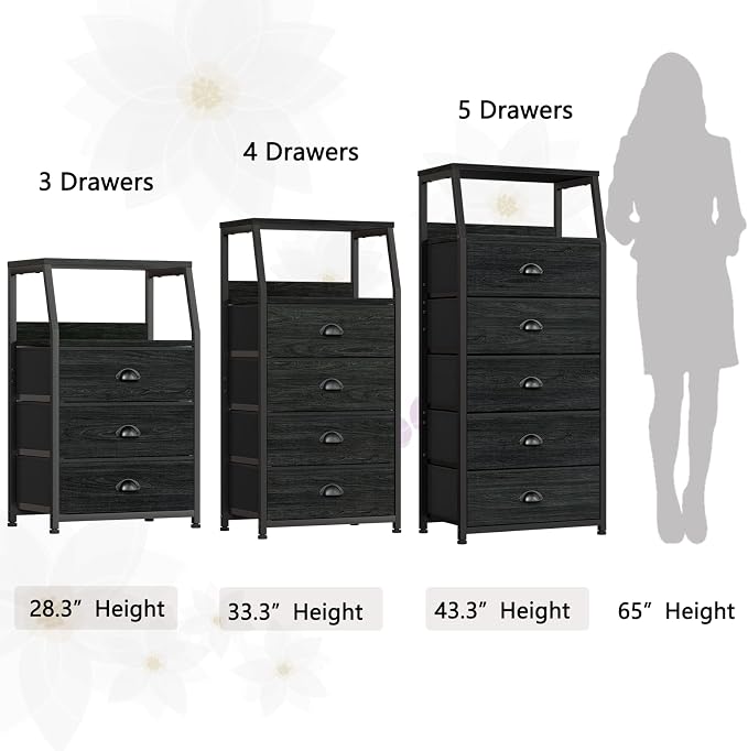 Furnulem Black Night Stand, Small Dresser for Bedroom, Nightstand with 3 Fabric Storage Drawers and 2-Tier Shelf, End Table Side Furniture for Closet, Hallway, Nursery, Sturdy Steel Frame, Wood Top - Image 7