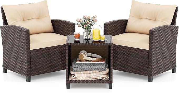 KOTEK 3 Piece Patio Furniture Set, Outdoor Conversation Set with Washable Cushions & Storage Table, PE Rattan Wicker Bistro Set for Porch, Backyard, Balcony (Beige)