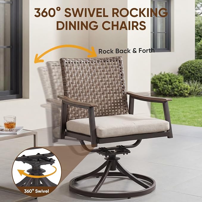 NATURAL EXPRESSIONS Outdoor Dining Set,Patio Table and Chairs Set with 4 Rattan Wicker Swivel Chairs,5 Piece Patio Dining Set for 4,36.6" Woodgrain Table with 1.65" Umbrella Hole,Patio Sets for Yard - Image 3