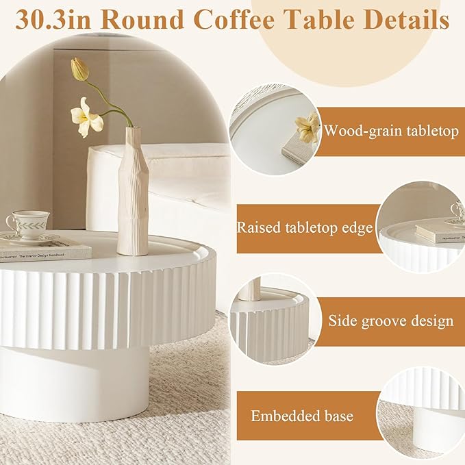 Round Coffee Table, 30.3in Modern Living Room Table, Fluted Drum Circle Tea Table with Storage, Accent Center Tables for Living Room, Apartment, Small Space(30.3''L×13.7''H) (White)
