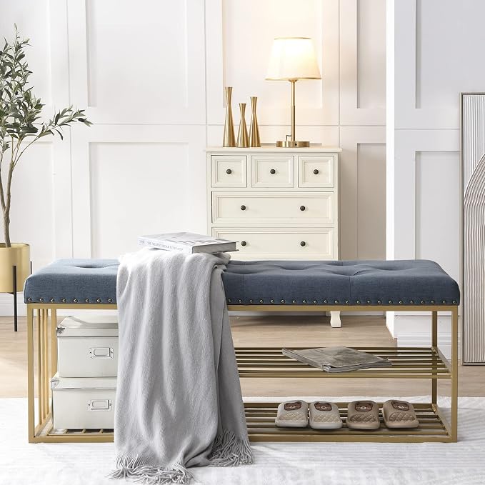 Upholstered Shoe Storage Bench-Nailhead Trim Linen Ottoman Bench with Shoes Rack for End of Bed Entryway Window Bedroom Living Mudroom Room,Blue - Image 3
