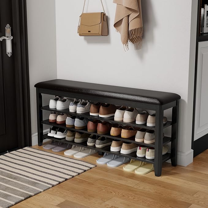 AQIMUELE Shoe Bench with Leather Cushion, 3 Tiers Shoe Storage Bench Height Adjustable, Walnut Wood Entryway Bench for Hallway, Mudroom by AQIMUELE