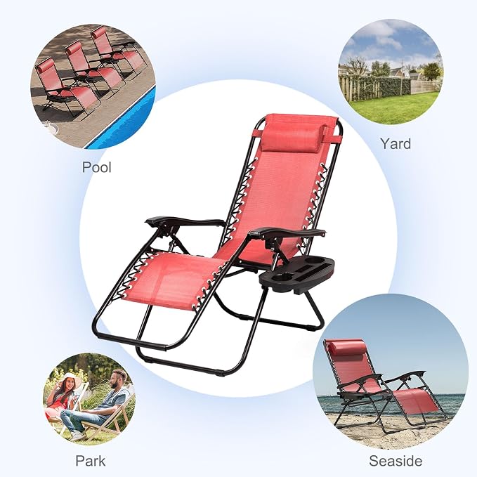 Nazhura Set of 2 Relaxing Recliners Patio Chairs Adjustable Steel Mesh Zero Gravity Lounge Chair Beach Chairs with Pillow and Cup Holder Khaki (Pink) - Image 9