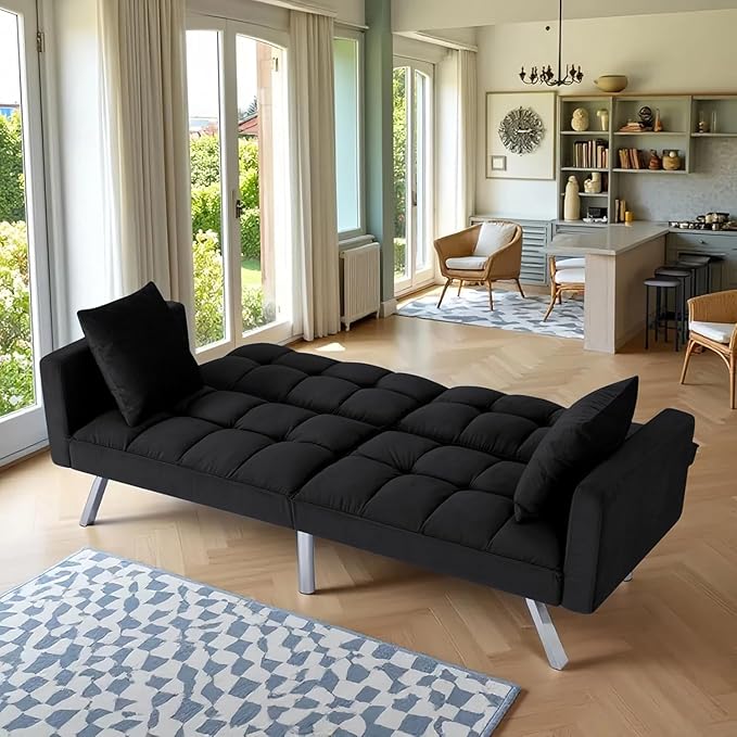 Convertible Futon Sofa Bed, 74 Inch Sleeper Couch Bed with Velvet Upholstery, Sofa Couch with Adjustable Backrest Pillows, Square Tufted Design for Living Room Home Office, Black