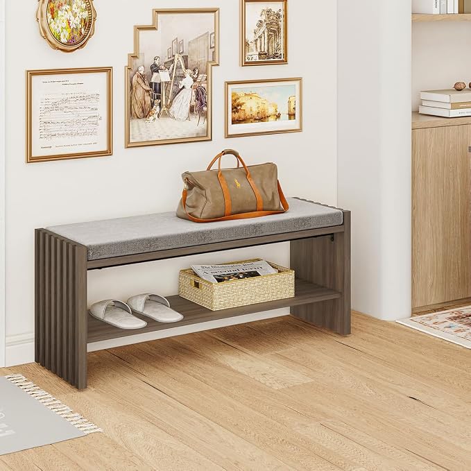 BON AUGURE Shoe Storage Bench Bedroom, Entryway Bench with Cushion, Ottoman Benches for Living Room Hallway Entry (Greige Oak, 40 Inch Wide) - Image 7