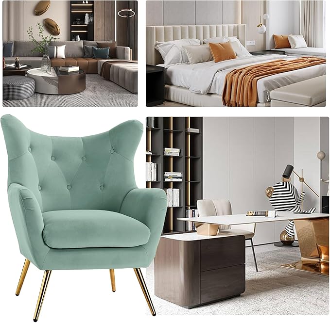 HULALA HOME Velvet Accent Chair Set of 2, Modern Wingback Arm Chair with Metal Gold Legs, Velvet Tufted Upholstered Single Sofa(SAGE)