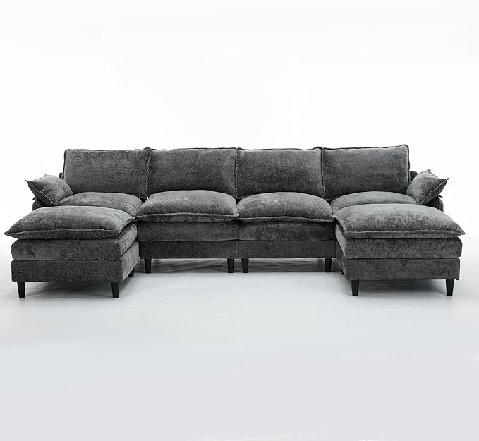 121-Inch U-Shaped Sectional Cloud Sofa Oversized Modular 6 Seaters Sofa Couch with 2 Ottoman Chaise and Pillow Armrest, Chenille Upholstered Convertible Cloud Couch