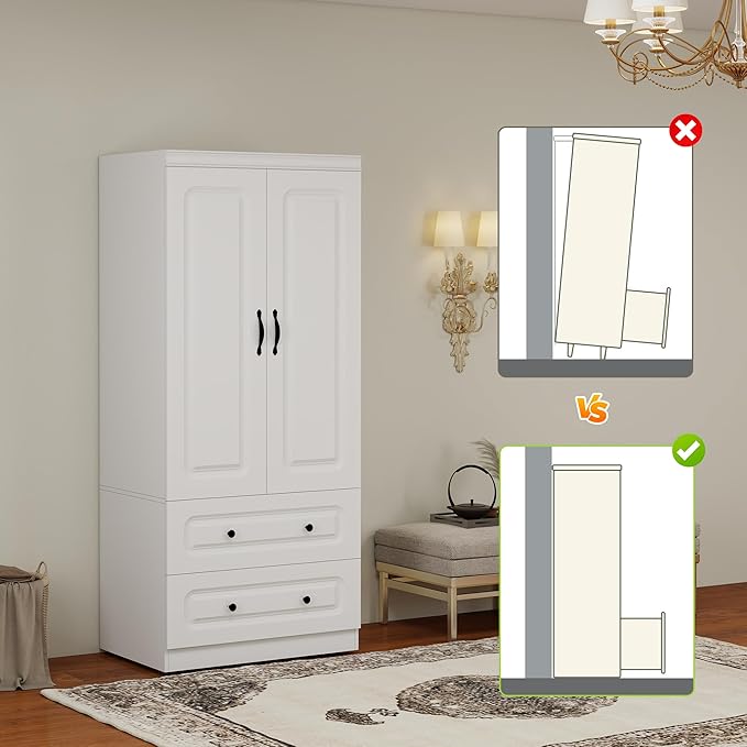 Armoire Wardrobe Closet: Wood White Bedroom Armoire Storage Cabinet for Large Capacity with 2 Doors, Tall Armoire and Wardrobe Closet with 2 Drawers & Hanging Rail