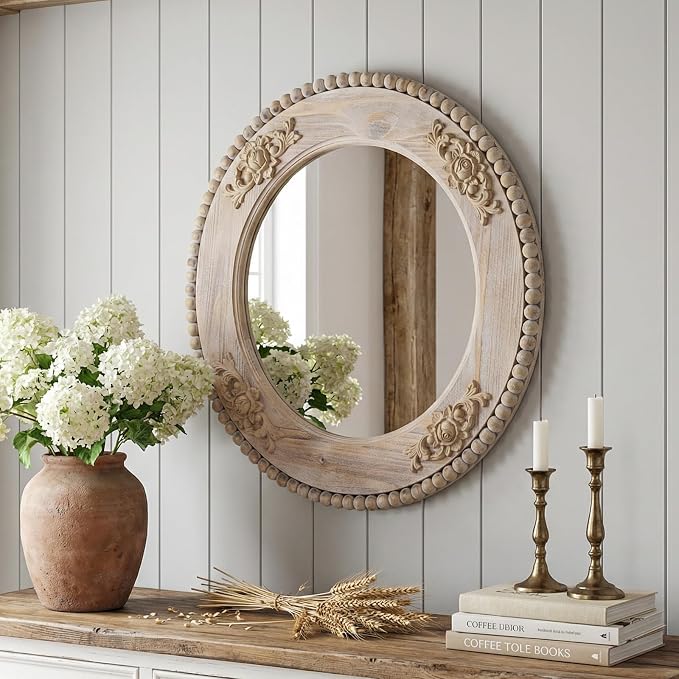 sawsile Round Wood Mirror,24 inch Circle Rustic Farmhouse Natural Wooden Frame Boho Beads Wall Mirror for Bathroom,Living Room,Bedroom or Entryway - Image 7