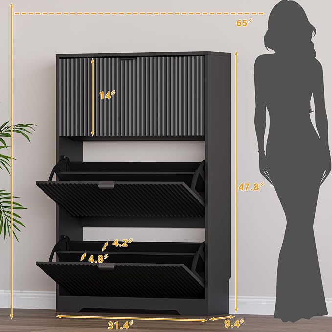 BORNOON Entryway Shoe Cabinet with 3 Flip Drawers, Narrow Shoe Organizer Cabinet with Fluted Panel and Adjustable Shelves for Foyer, Hallway - Image 2