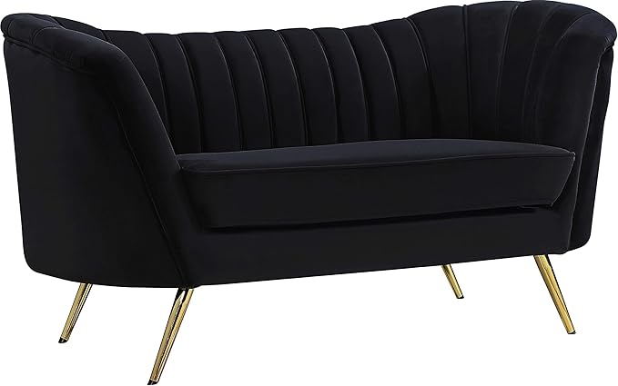 Meridian Furniture Margo Collection Modern | Contemporary Velvet Upholstered Loveseat with Deep Channel Tufting and Rich Gold Stainless Steel Legs, Black, 65" W x 30" D x 33" H