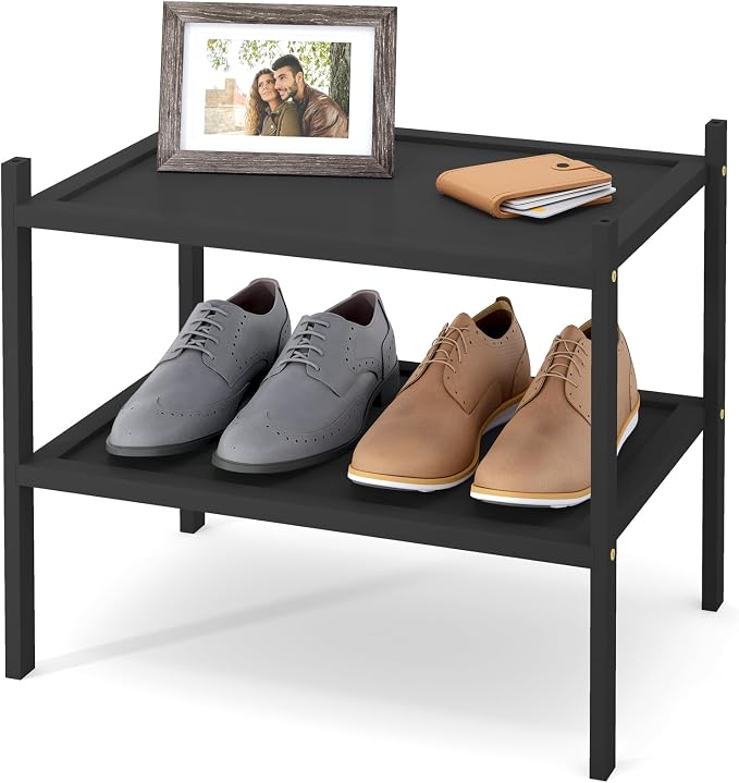 Smiry Bamboo Small Shoe Rack, 2 Tier Shoe Organizer for Entryway & Closet, Stackable Free Standing Storage Shelf for Shoes, Bags & Plants, Black by Smiry