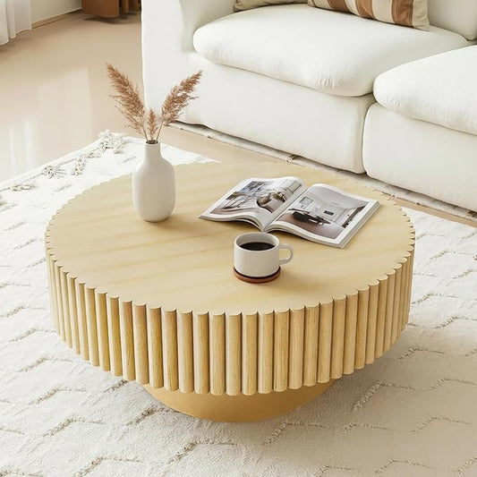 Rovibek Fluted Round Coffee Table, 31.5" Modern Wooden Coffee Table with Fluted Base, Circle Accent Center Table for Living Room Apartment Office Small Space, Easy Assembly (Natural)