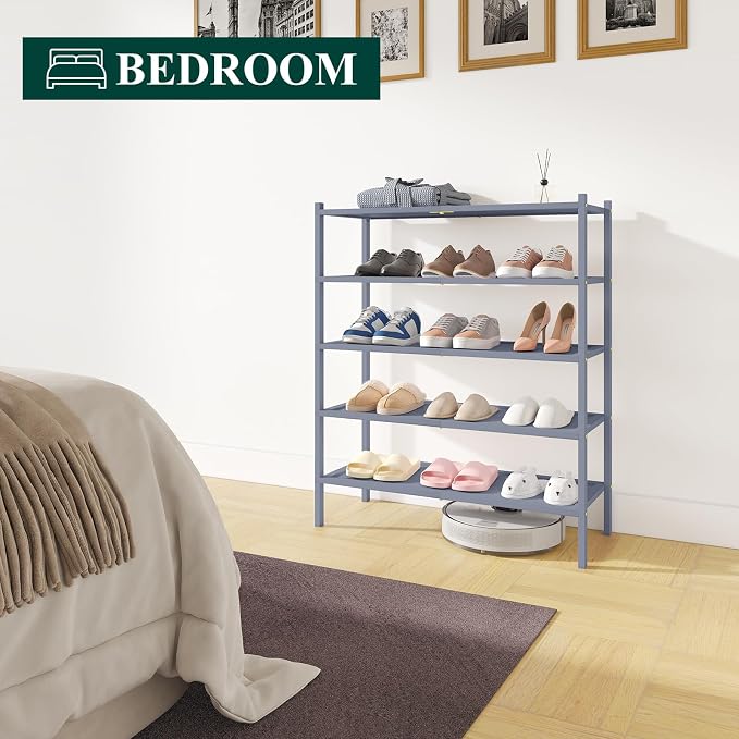Smiry Bamboo Shoe Rack, 5 Tier Shoe Organizer for Entryway & Closet, Stackable Free Standing Storage Shelf for Shoes, Bags & Plants, Grey - Image 7