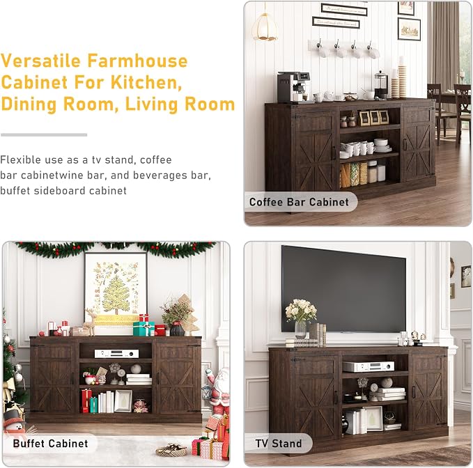 Hlivelood 66" Farmhouse TV Stand with Power Outlets for 75 Inch TVs, 33" Tall Entertainment Center with Storage Cabinets w/Adjustable Shelves, Rustic Large TV Media Console for Living Room, Brown - Image 6