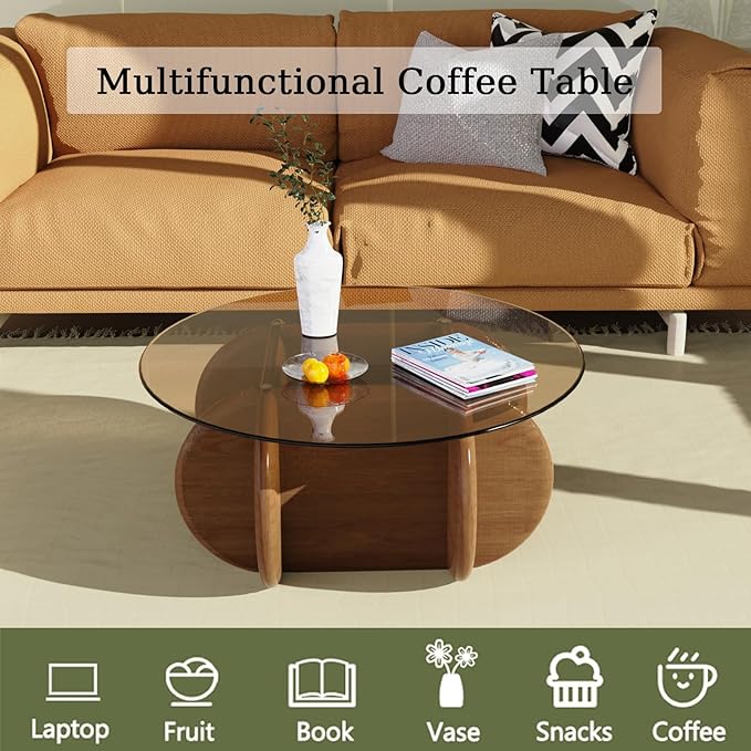 Brown Round Coffee Table Glass Top 31.5" Modern Elegant Round Coffee Tables with Solid Wood Legs and Tempered Glass Tabletop for Living Room Home Small Space Reception Office Tables