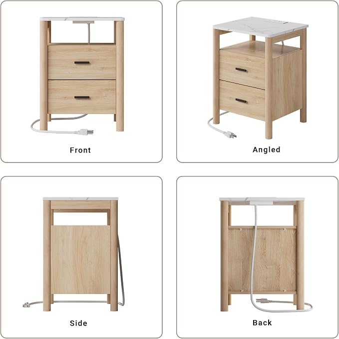 Night Stand, 20" Wide Nightstand, Modern Large Nightstand with Charging Station & Faux Marble Top, 2 Drawer End Table with Solid Round Post Legs, Bedside Table for Bedroom, Natural Oak - Image 8