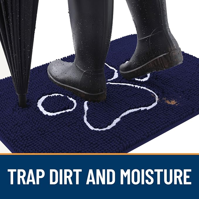 OLANLY Dog Door Mat for Muddy Paws 48x30, Paw Print Design, Absorbs Moisture and Dirt, Absorbent Non-Slip Washable Doormat, Quick Dry Chenille Mud Mat for Dogs, Entry Indoor Entryway Carpet, Navy Blue - Image 2