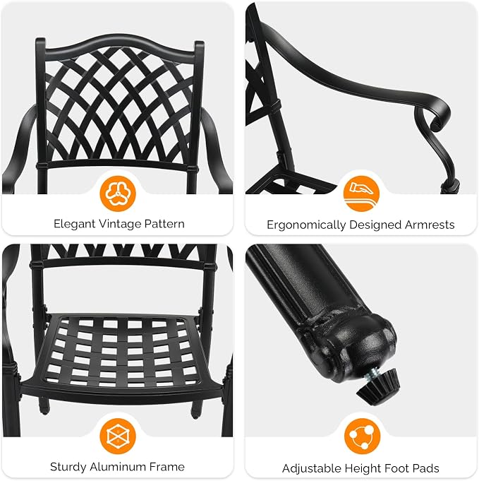 VINGLI Patio Chairs Set of 2 - Stackable Outdoor Cast Aluminum Dining Chairs with Vintage Black Finish and Diamond Pattern, Metal Armchairs for Poolside, Backyard, Balcony (No Cushion) - Image 6