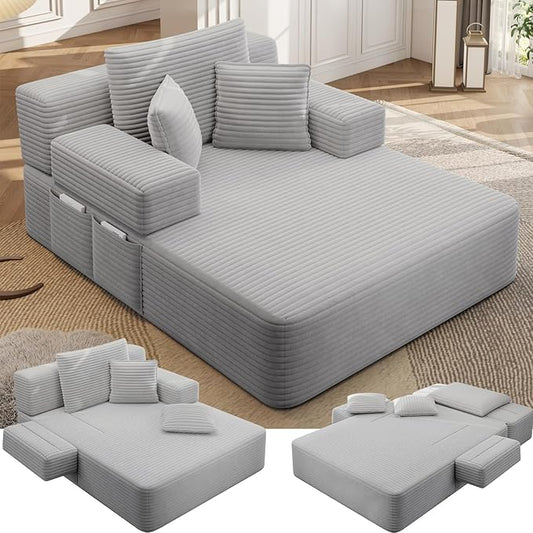 48.5" Boneless Chaise Lounge Chair Sofa Bed Indoor with Zip-Down Convertible Armrests & Backrest, Oversized Cloud Upholstered Compression Sleeper Couch Reading Chairs w/Side Pockets | High Rebound Foam, Anti-pilling, Wear-Resistant