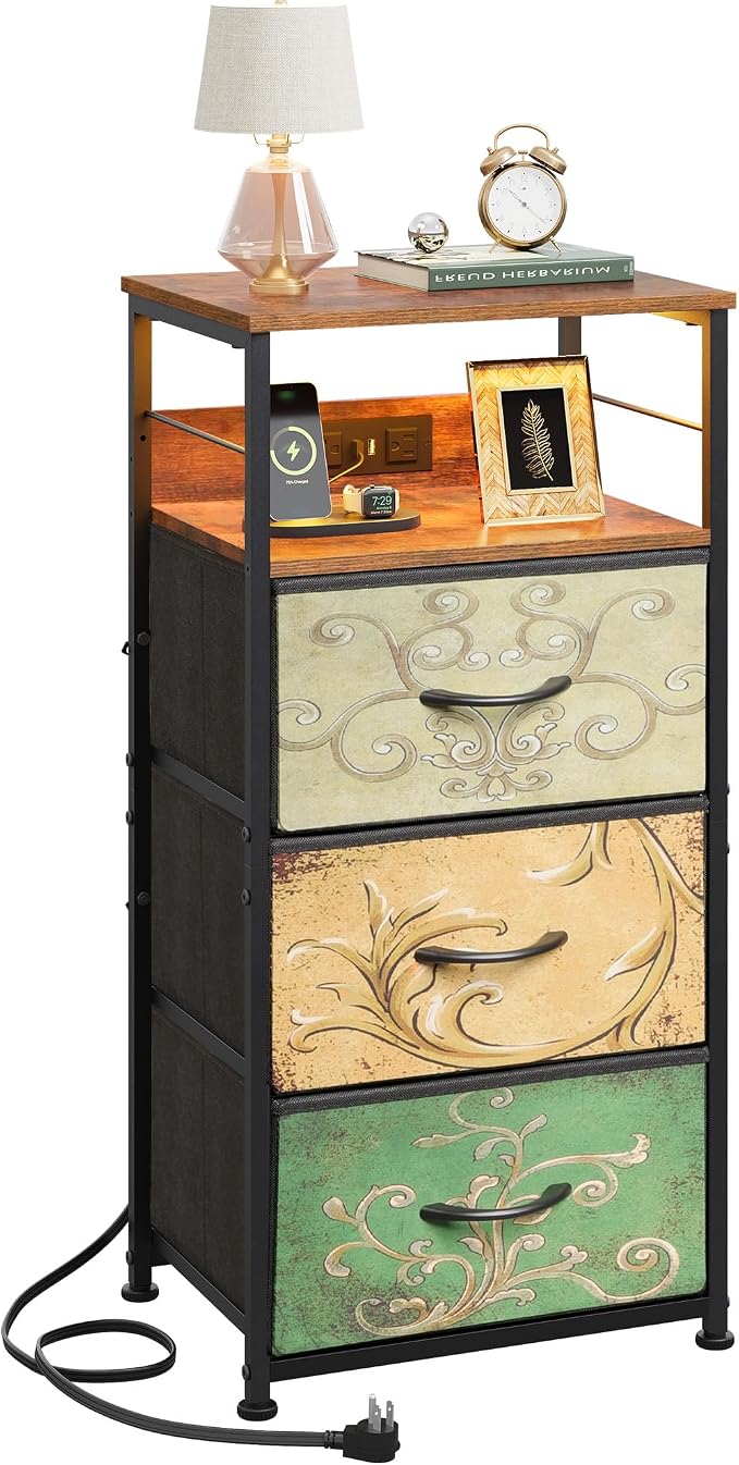 WLIVE Nightstand with Charging Station, 31.9" H Nightstand with 3 Fabric Drawers, LED Bedside Table with USB Ports and Outlets, End Table for Dorm, Bedroom, Entryway, Floral Painted by WLIVE