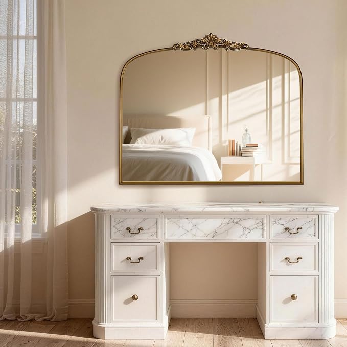 Vintage Gold Ornate Baroque Mirror - 36"X30" Arched Antique Brass Mirror with Full Metal Frame - Ideal for Entryway, Fireplace, Living Room, Hallway or Wall Decor (Upgrade Tempered Glass) - Image 2