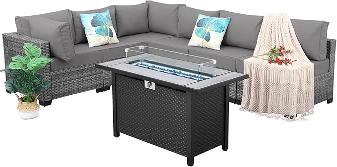 7 Pieces Wicker Patio Furniture Set Rattan Outdoor Sectional Conversation Sofa Set with Fire Pit Table Non-Slip Cushions and Furniture Cover, Light Grey