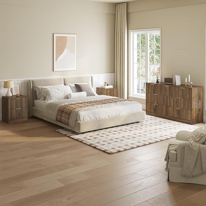 7 Drawer Dresser & Nightstand Set 3-Piece, 55” Wide Bedroom Dresser and Night Stand Set of 2 with Metal Handle, Fluted Modern Wood Chest of Drawers Storage Dressers Set for Bedroom, Walnut