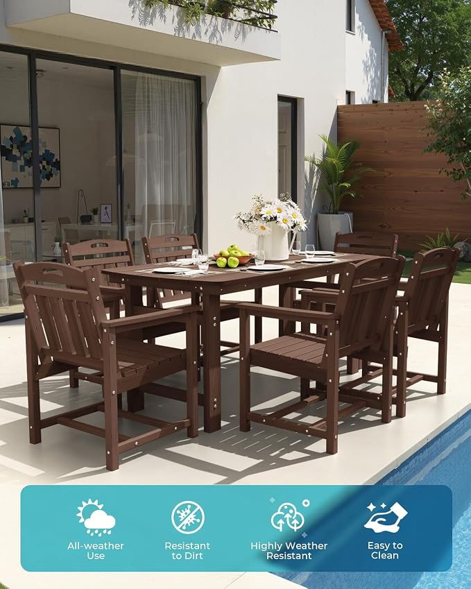 Ciokea HDPE Outdoor Dining Table with Umbrella Hole,66" Rectangle Patio Table for 6,All-Weather Outdoor Patio Furniture Set for Garden Backyard,Brown - Image 3
