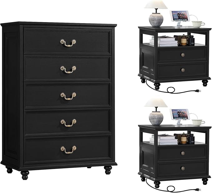 Joaxswe 24" Wide Farmhouse Nightstand with Charging Station Set of 2, 45" Tall Rustic Chests of 5 Drawers w/ 4 Solid Wood Feet, Farmhouse Furniture Series for Living Room,Bedroom,Black