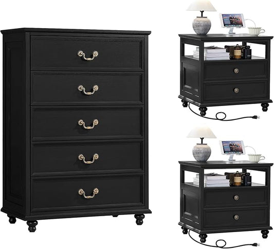 Joaxswe 24" Wide Farmhouse Nightstand with Charging Station Set of 2, 45" Tall Rustic Chests of 5 Drawers w/ 4 Solid Wood Feet, Farmhouse Furniture Series for Living Room,Bedroom,Black
