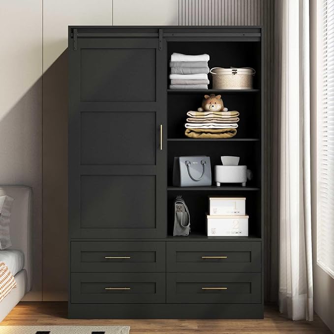 Armoire Wardrobe Closet with Sliding barn Door，Wardrobe Cabinet with 4 Storage Drawers and Hanging Rail,Freestanding Wooden Closet for Bedroom (Black)