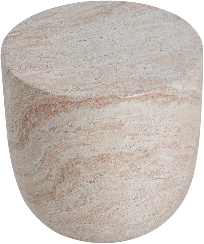 KEVINSPACE Small Side Coffee Table Outdoor MGO Round Travertine Finish End Living Room Accent Sofa Bedside Couch Table Bedroom Apartment Indoor 15.5" W x15.75 H Lightweight Beige Concrete