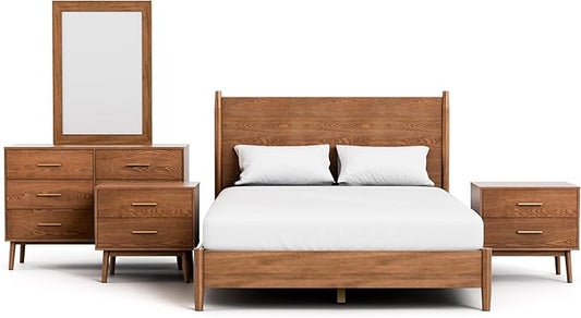Furniture of America Wyatt Modern Solid Wood Bedroom Collection with Queen Bed Frame, Nightstands, Dresser with Mirror, No Box Spring Needed, Walnut, Standard Platform, 5-Piece Set