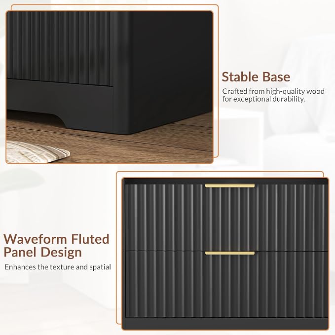 Modern Fluted Nightstands with Charging Station, Drawers, and Smart Night Light, Large Wood Nightstand with Storage Shelf, Side Tables for Bedroom, Living Room (1, Black) - Image 4