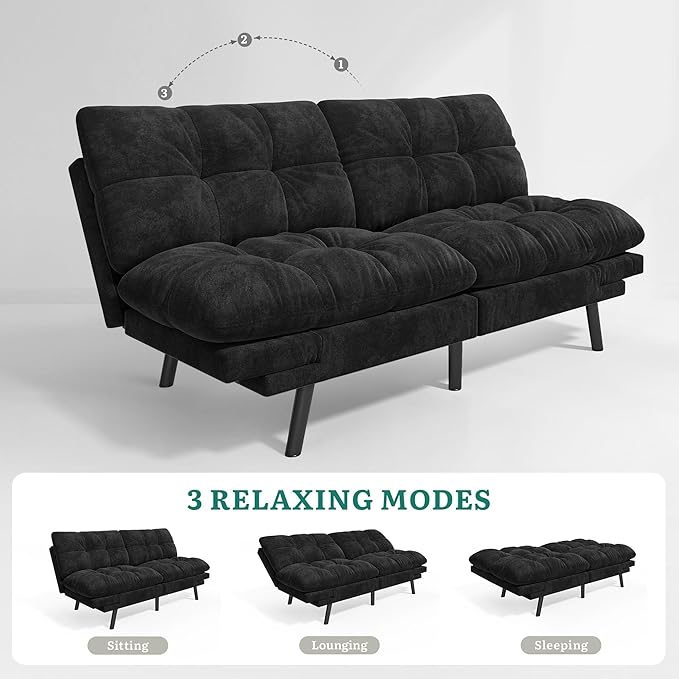 DWVO Sofa Bed with 3-Position Adjustable Backrest & Armrests, Upholstered Loveseat Couch Bed, Expandable Foldable Design for Living Room, Bedroom, Black