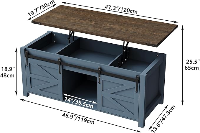 Lift Top Coffee Table, 47.3'' Farmhouse Coffee Table with Large Hidden Storage Compartment & Sliding Barn Doors, Wood Modern Rectangle Table for Home, Office, Blue