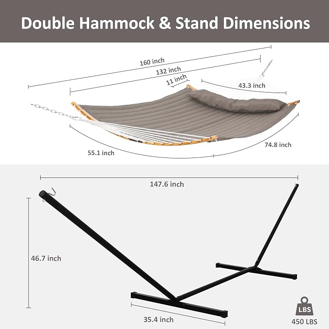 SUNCREAT Hammocks Portable Hammock with Frame, Backyard Double Hammock with Curved Spreader Bar, Brown - Image 6