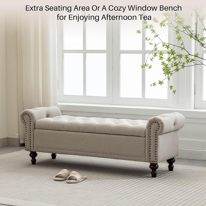 SOFTHION 58.1" Storage Bench Upholstered Linen End of Bedroom Bed Bench Ottoman with Tufted Cushioned Rolled Arm Large Storage Space for Reading Living Room Entryway, Light Brown - Image 6