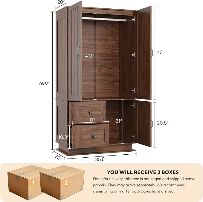 LIKIMIO Farmhouse Wardrobe Closet with Doors, 70" Bedroom Armoires with LED Lights and Hanging Rod, Wooden Large Wardrobe Cabinet with 2 Drawers and 1 Cabinet, Walnut
