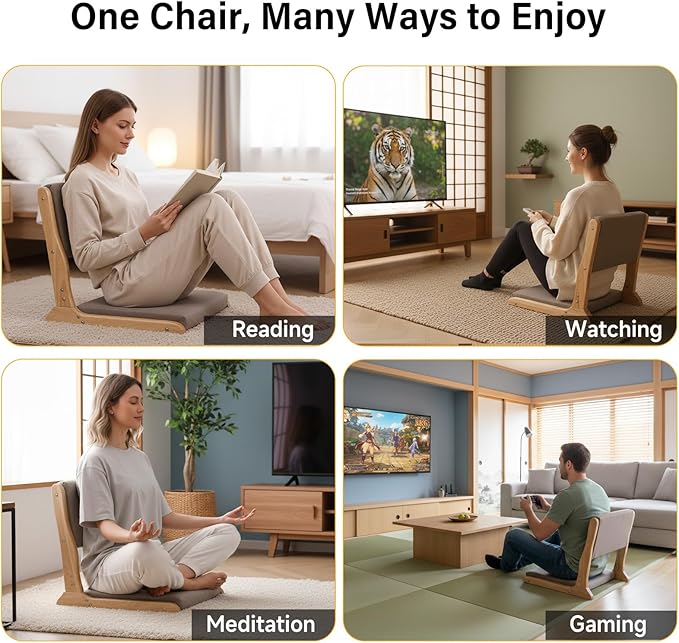 Tiita 2Pcs Floor Games Chair, Foldable Meditation Tatami Chairs, Backrest Chair with Cushion, Living Room Chair Seat, Wood Grey