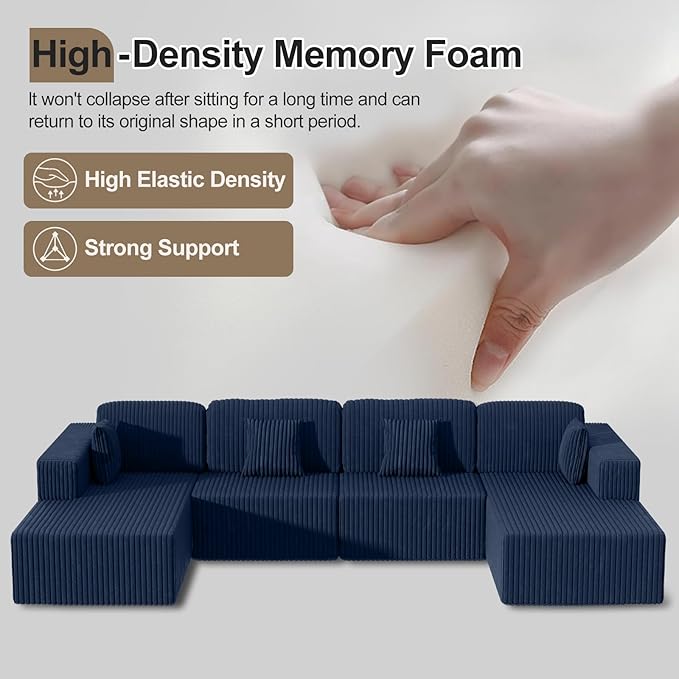 132 Inch U Shaped Modular Sectional Sofa with Dual Chaise, Oversized Corduroy Cloud Couch with Deep Seat, Boneless Modern Sofa for Living Room, No Assembly Required, Blue