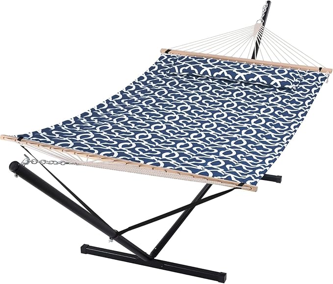 SUNCREAT Two Person Hammock with Stand, 475 lbs Capacity, Portable Patio Hammock with Hardwood Spreader Bar, Large Soft Pillow, Blue Pattern by SUNCREAT