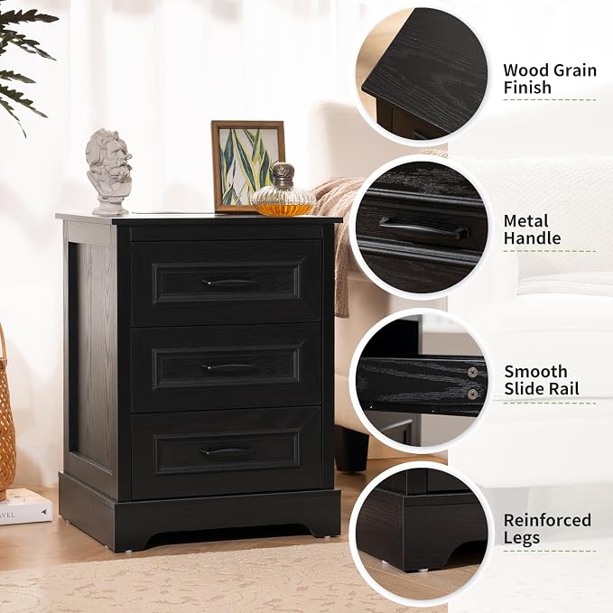 Farmhouse Nightstand with Charging Station, Wood Night Stand with 3 Drawers, Bedside Table, Nightstands with Storage, Rustic Night Stands for Bedroom, Closet, 18" Wide, 24" Tall - Image 6