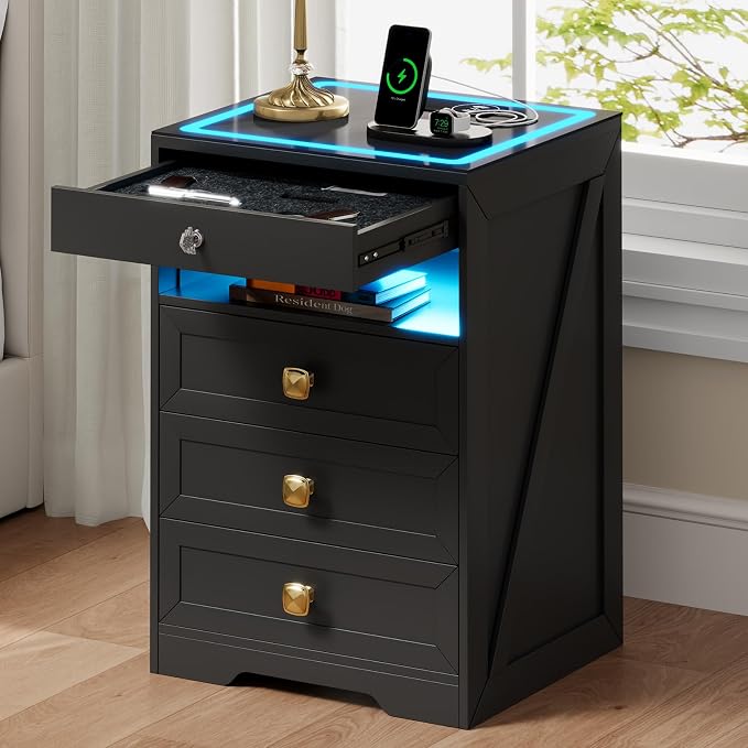 WOOVIVS LED Night Stand with Gun Drawer for Bedroom, Modern Nightstand with Wireless Charging Station for Livingroom(Black) by WOOVIVS