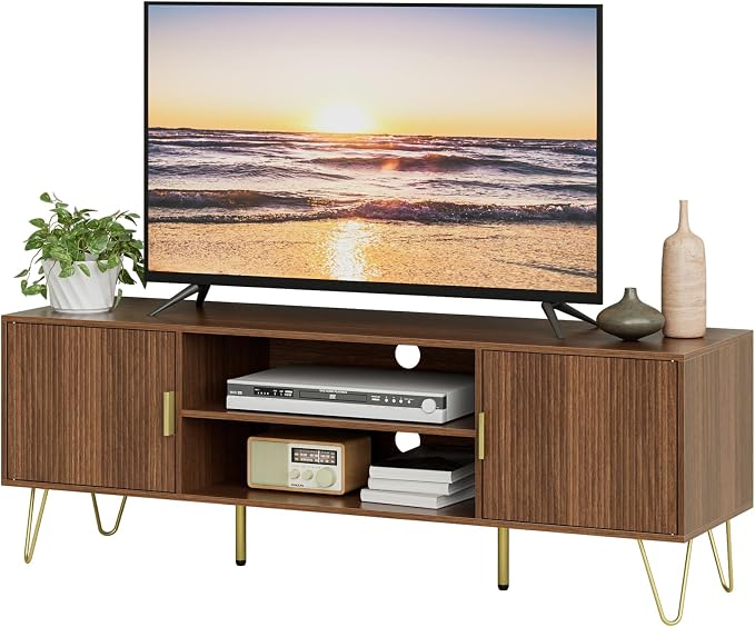 TV Stand for 55-65 Inch TV, Entertainment Center with Soft Hinge Door,TV Console Table with 2 Cabinets with Gold Handle and Feet,for Living Room, Bedroom, Walnut by Unknown
