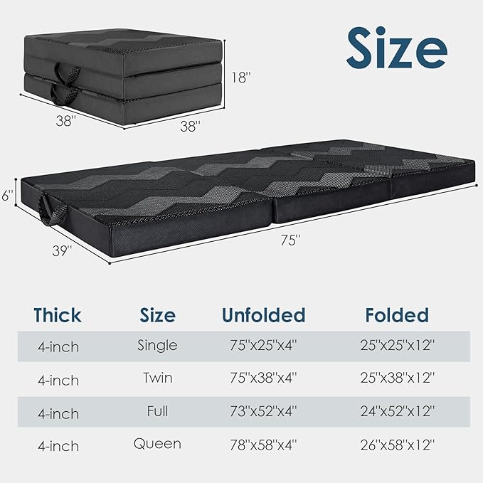 INGEROOM Foldable Mattress Single - Memory Foam 4 inch Trifold Mattress for Camping, with Portable Handle, Non-Slip Folding Floor Bed Sofa for Guest Travel Yoga, Washable Breathable Cover